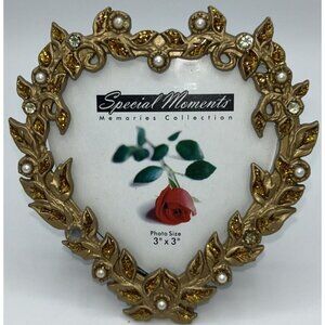 Special Moments Frame Heart Shaped Gold Pearl Rhinestone Decorative 3x3 Inches